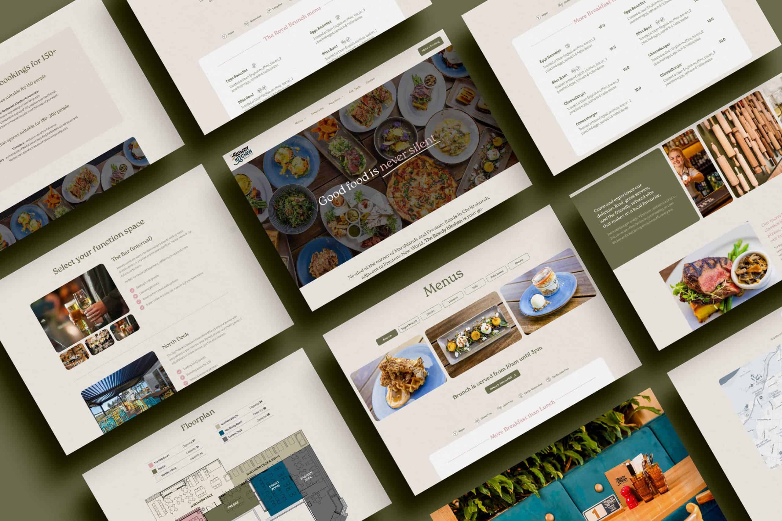 Pages of the Rowdy Kitchen Bar and Eatery website laid out as a collage: menus, functions, bookings and the homepage